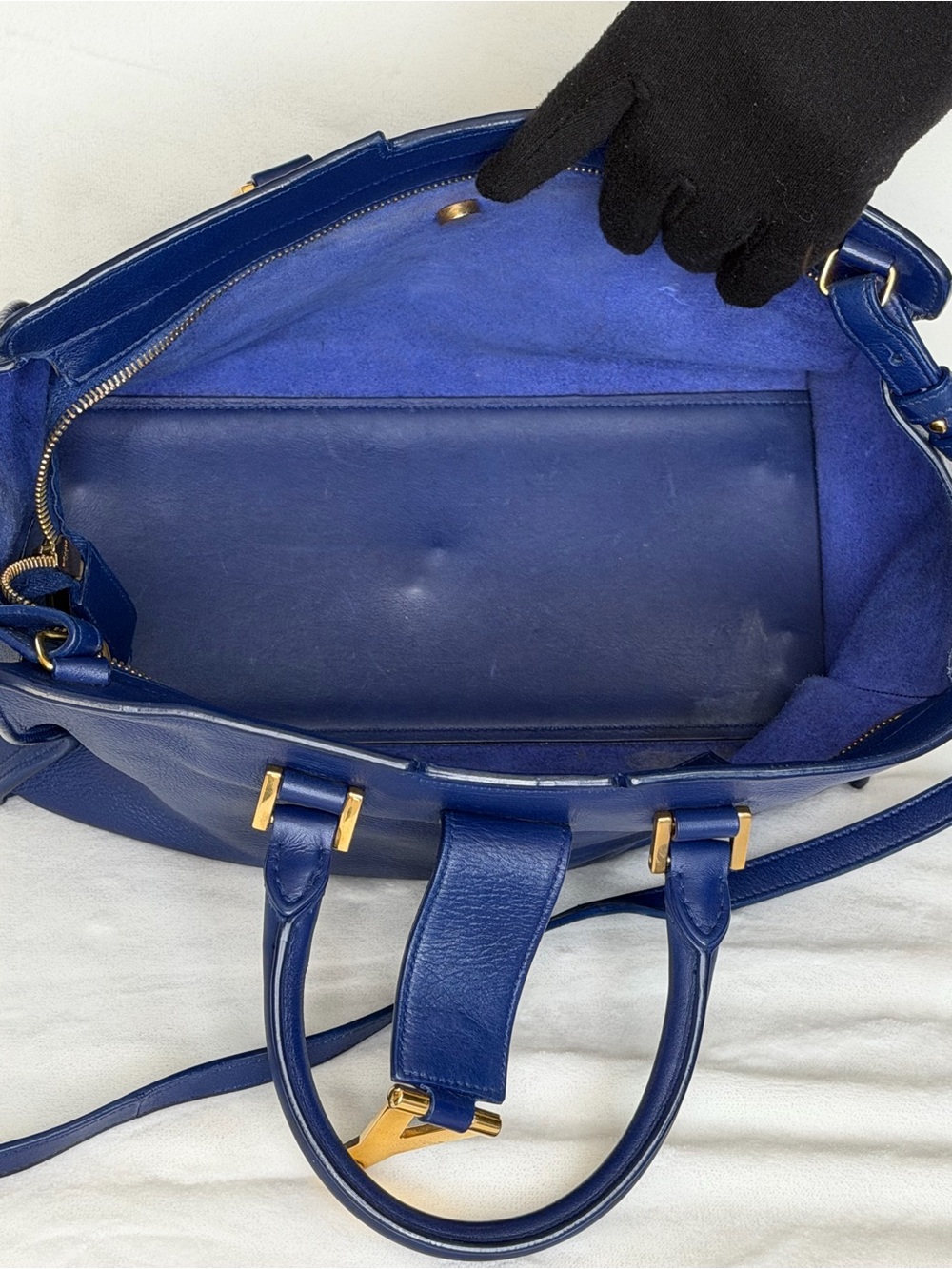 Saint Laurent Y Cabas Blue Leather Satchel with Gold Y Detail - Picture 8 of 9